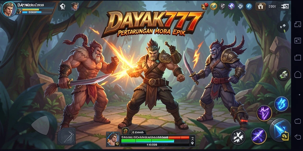 Screenshot utama menunjukkan aksi intens dalam permainan MOBA.